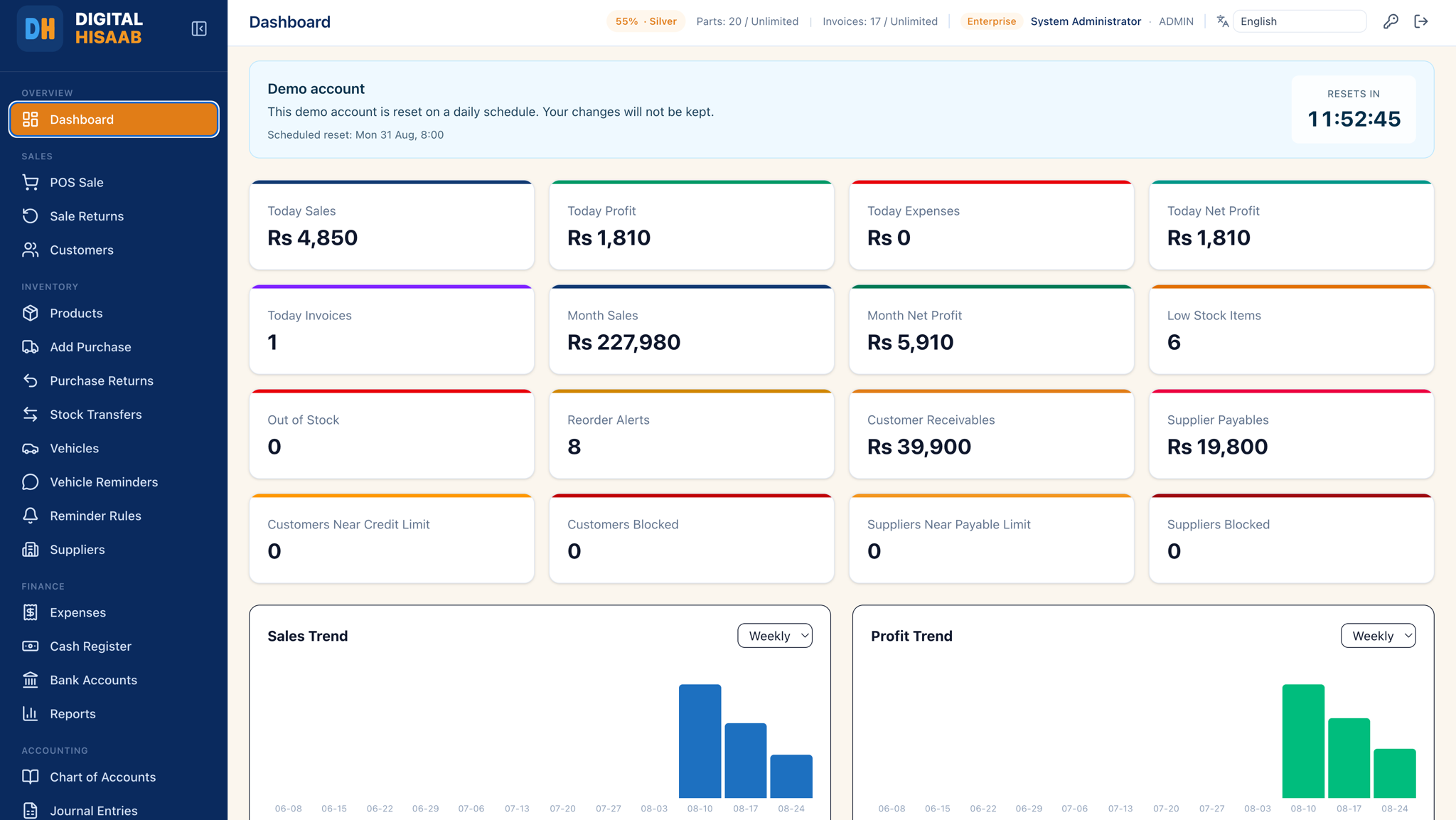 Digital Hisaab dashboard showing sales, profit, stock alerts, and weekly trends